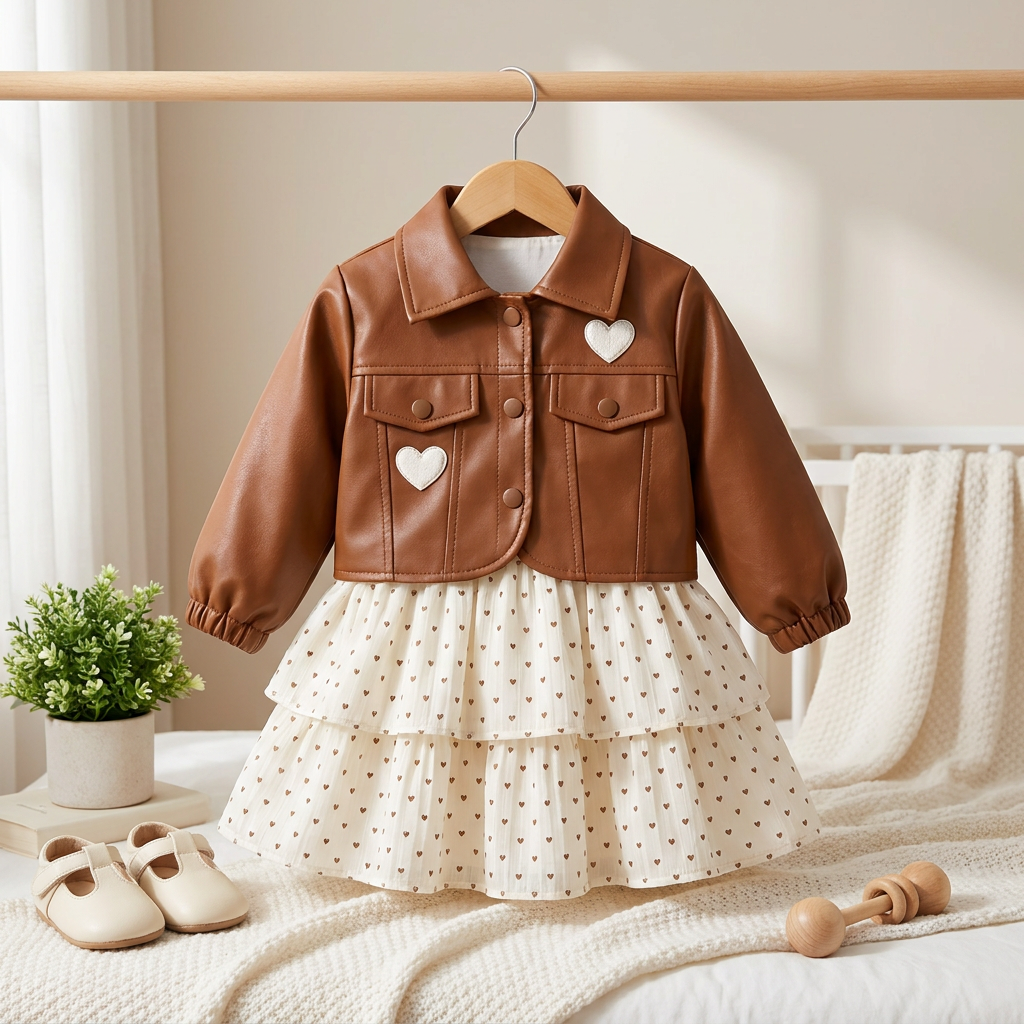 Girls Faux Leather Jacket & Polka Dot Dress 2-Piece Outfit Set