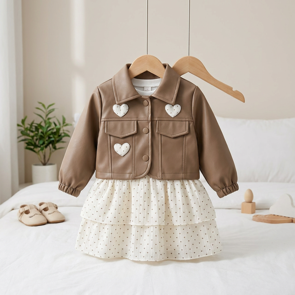 Girls Faux Leather Jacket & Polka Dot Dress 2-Piece Outfit Set
