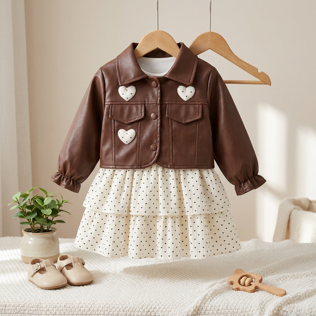 Girls Faux Leather Jacket & Polka Dot Dress 2-Piece Outfit Set