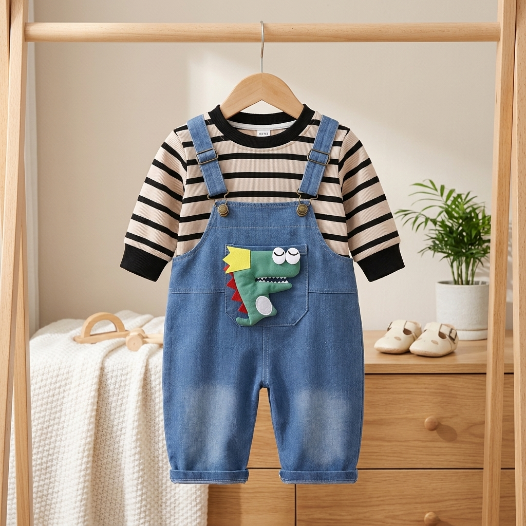 Boys Dino Denim Dungaree Set