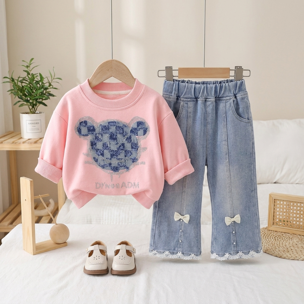 Girls Bow Denim Trouser Set