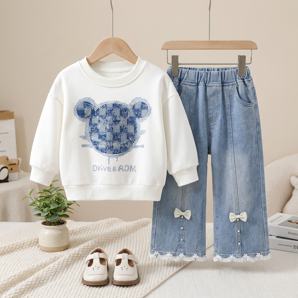 Girls Bow Denim Trouser Set
