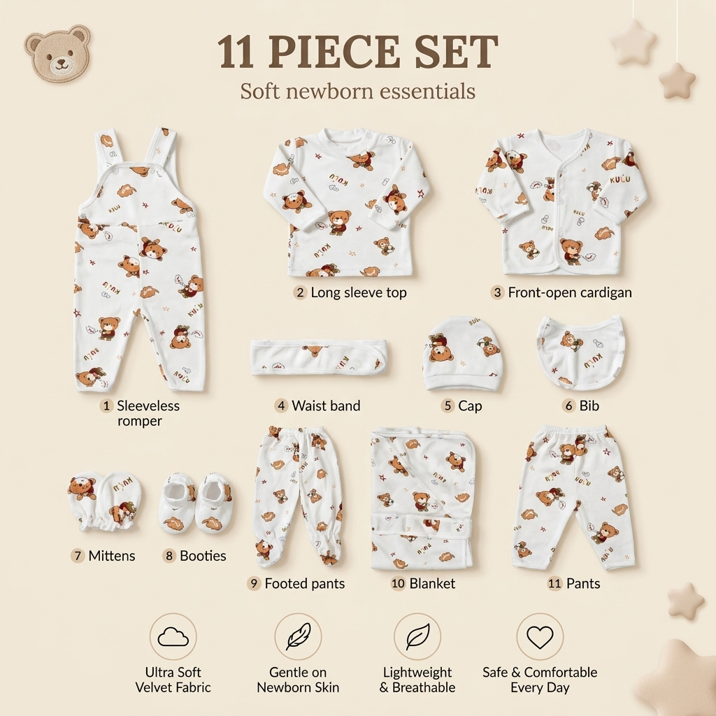 Newborn Teddy Print Starter Set – 11 Pcs