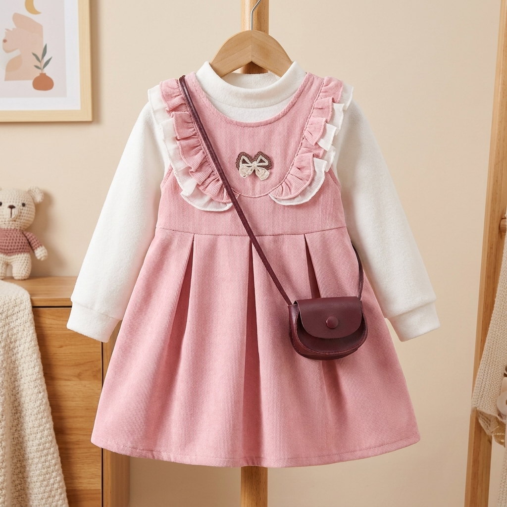 Girls Ruffle Collar Corduroy Dress with Crossbody Bag – 3Piece Set