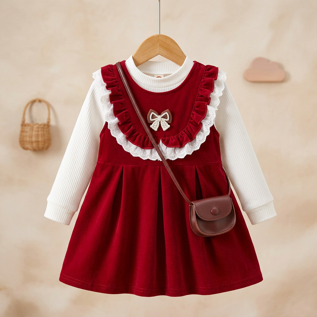 Girls Ruffle Collar Corduroy Dress with Crossbody Bag – 3Piece Set