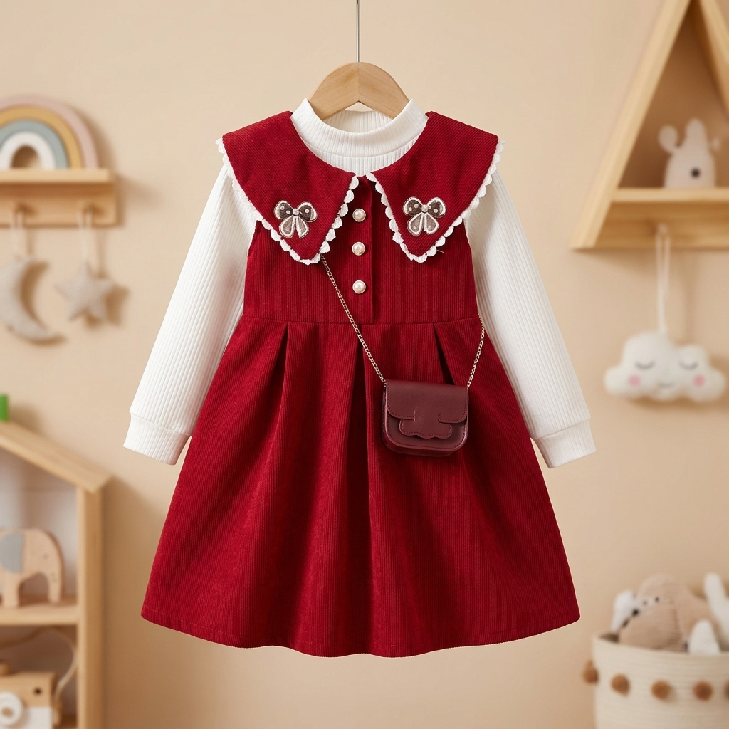 Girls Corduroy Collar Dress with Crossbody Bag – 3 Piece Set