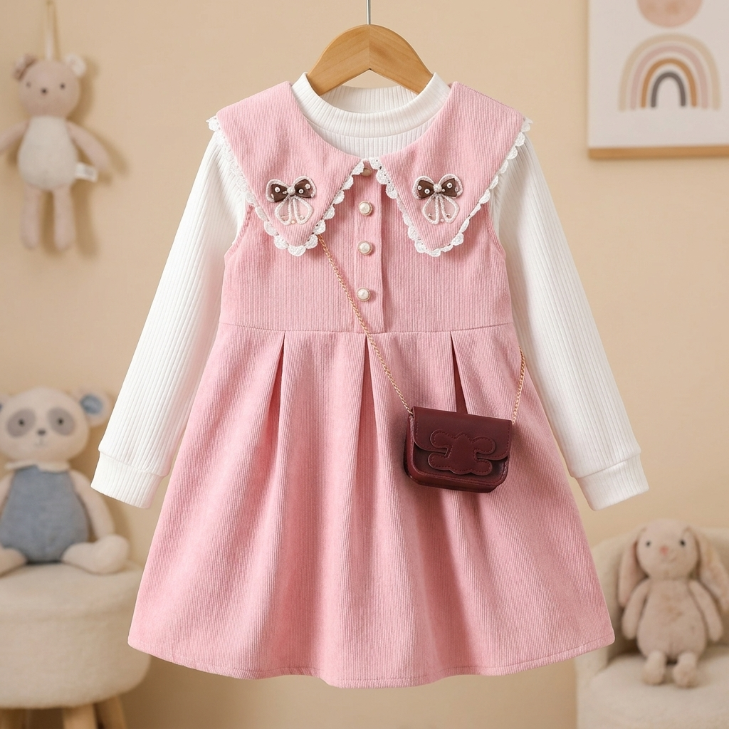 Girls Corduroy Collar Dress with Crossbody Bag – 3 Piece Set