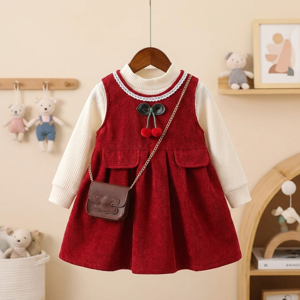 Girls Corduroy Pinafore Dress 3-Piece Set with Mini Crossbody Bag