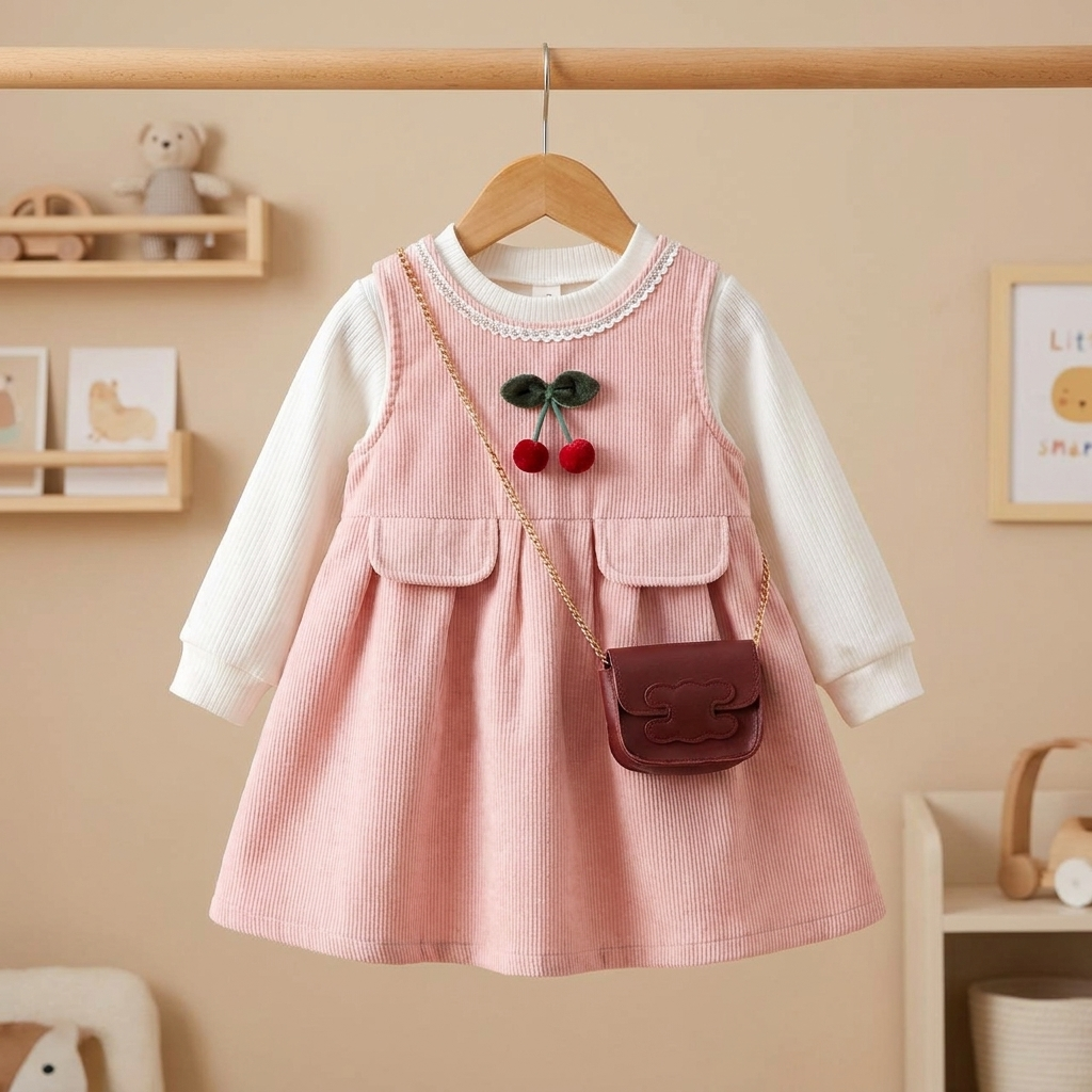 Girls Corduroy Pinafore Dress 3-Piece Set with Mini Crossbody Bag
