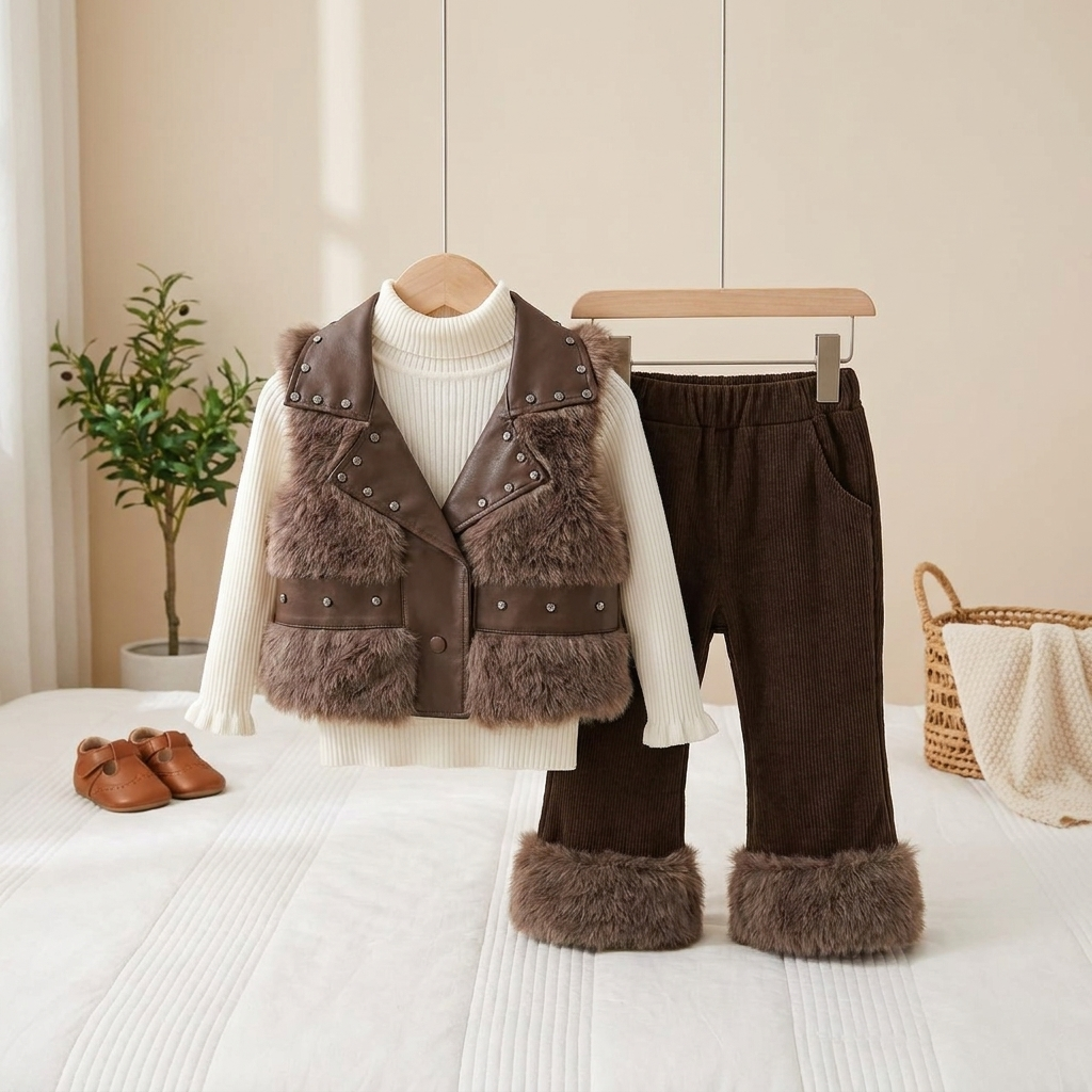 Girls Premium Faux Fur Winter 3-Piece Outfit Set