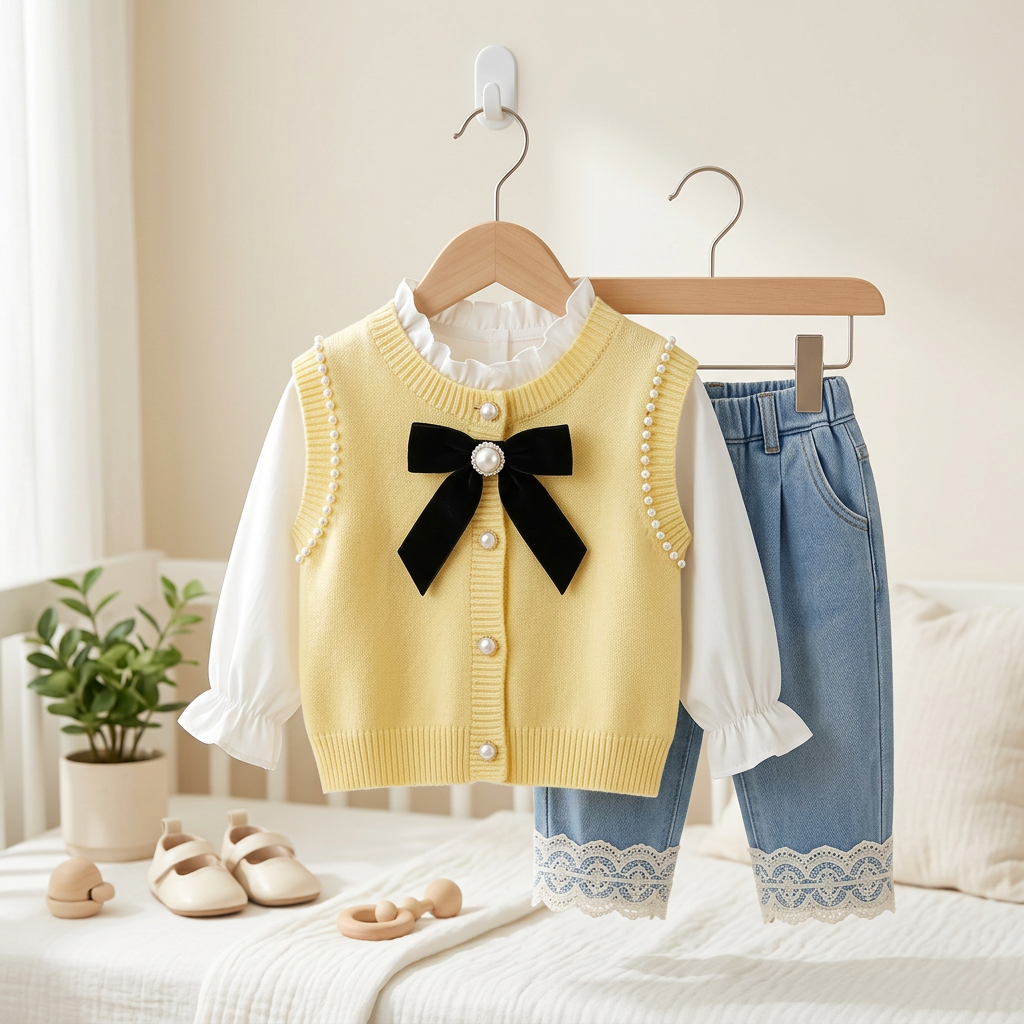 Girls Pearl Bow Knit Vest & Wide Leg Jeans Set – 3 Piece
