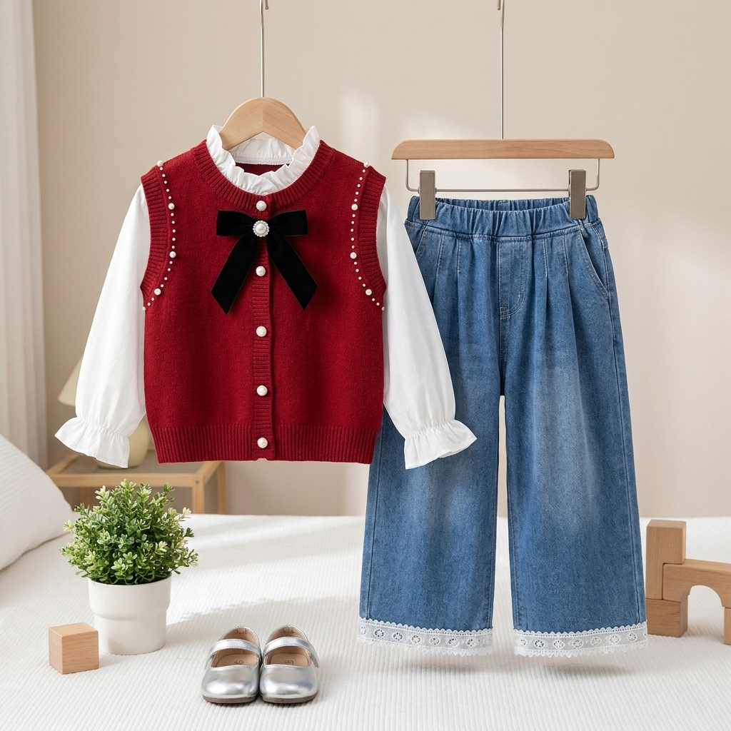 Girls Pearl Bow Knit Vest & Wide Leg Jeans Set – 3 Piece