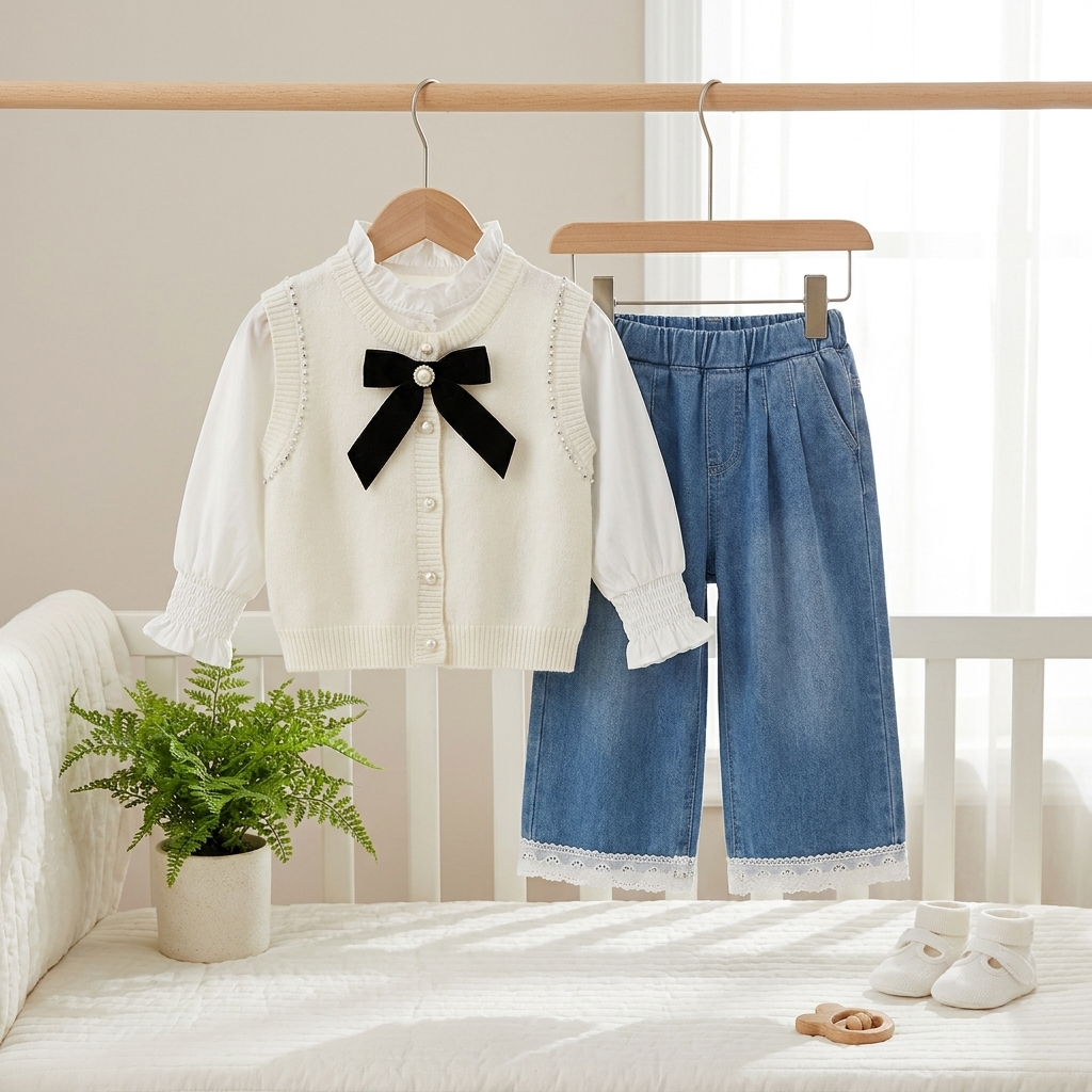 Girls Pearl Bow Knit Vest & Wide Leg Jeans Set – 3 Piece