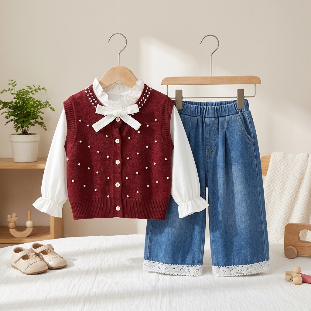 Girls Pearl Knit Vest & Wide Leg Jeans 3-Piece Set