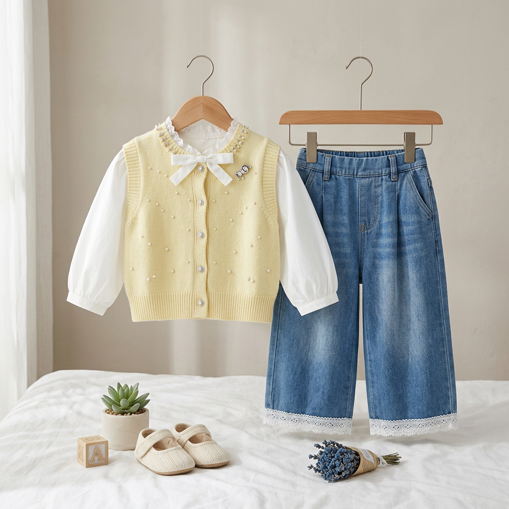Girls Pearl Knit Vest & Wide Leg Jeans 3-Piece Set