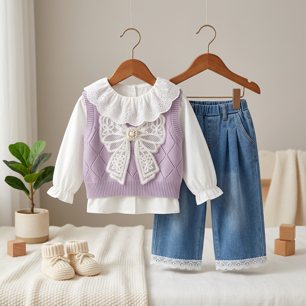 Girls Lace Bow Knit Top & Wide Leg Jeans Set – 3 Piece