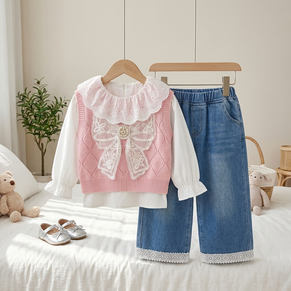 Girls Lace Bow Knit Top & Wide Leg Jeans Set – 3 Piece