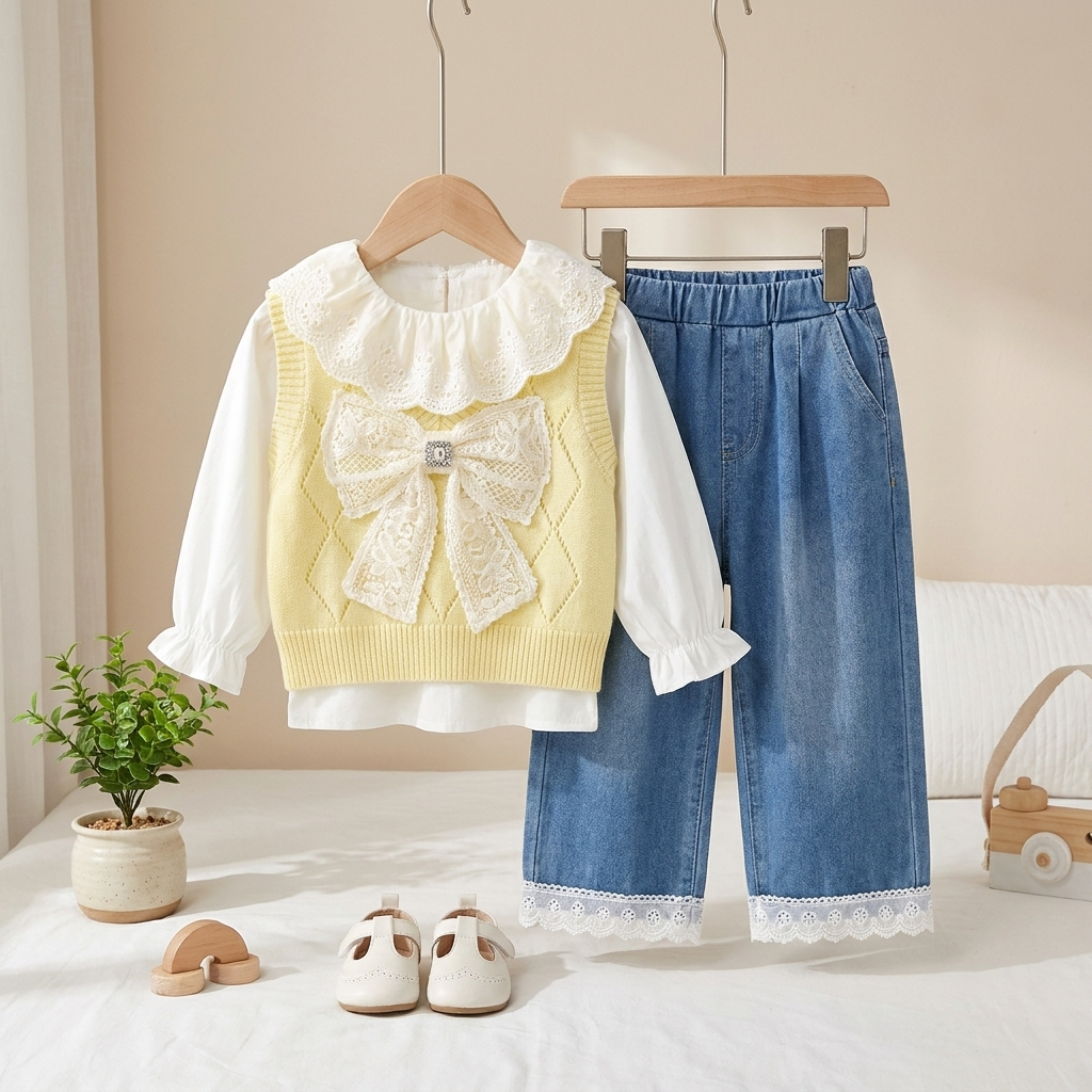 Girls Lace Bow Knit Top & Wide Leg Jeans Set – 3 Piece
