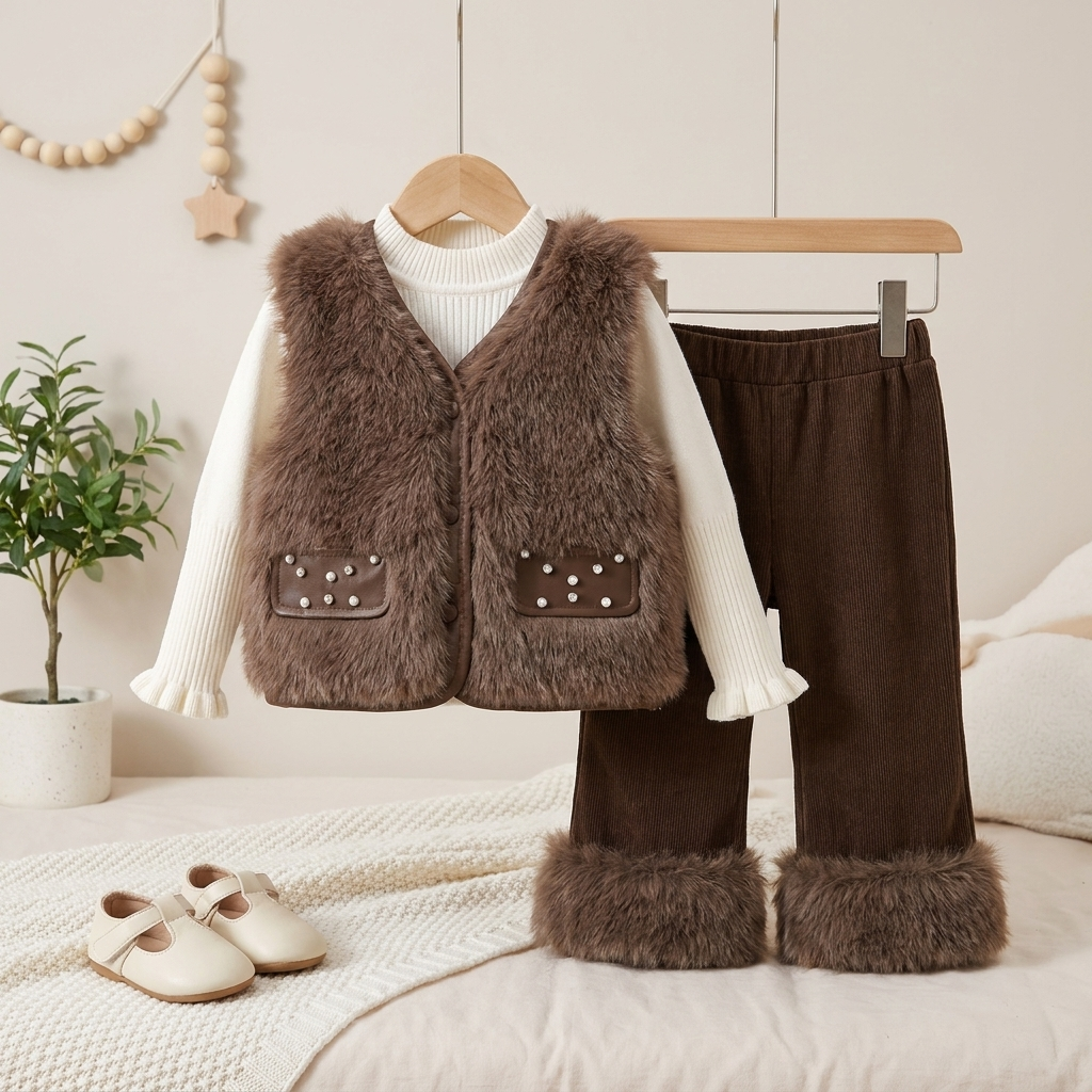 Girls Faux Fur Winter 3-Piece Outfit Set