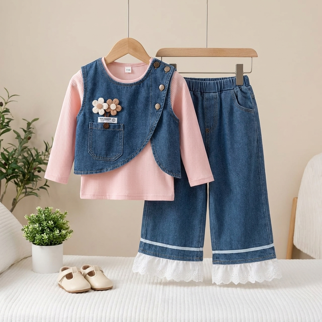Girls Denim Vest 3-Piece Outfit Set with Lace Hem Pants