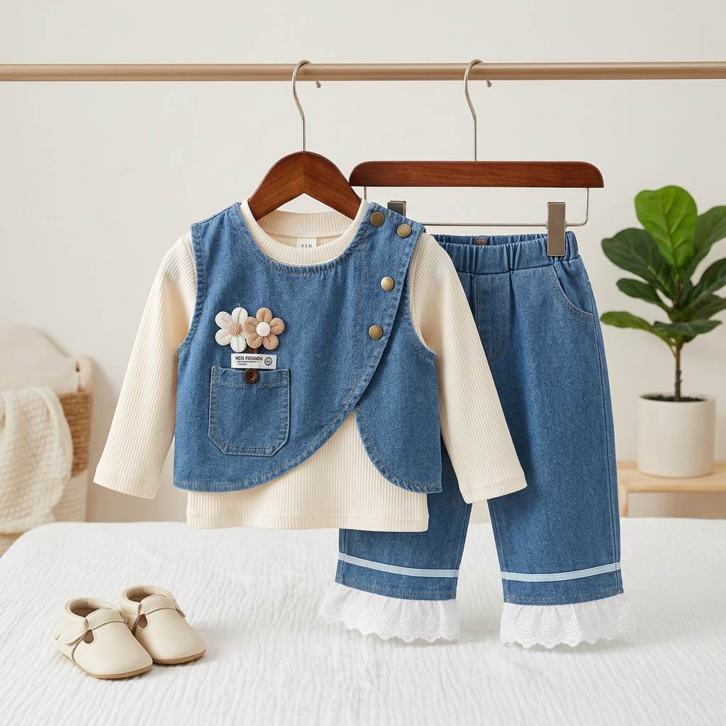 Girls Denim Vest 3-Piece Outfit Set with Lace Hem Pants