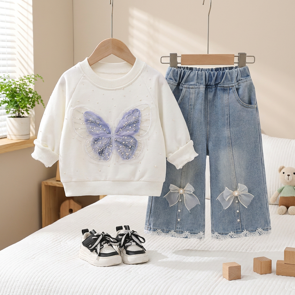 Girls Butterfly Sweatshirt & Denim Culottes Set – 2 Piece
