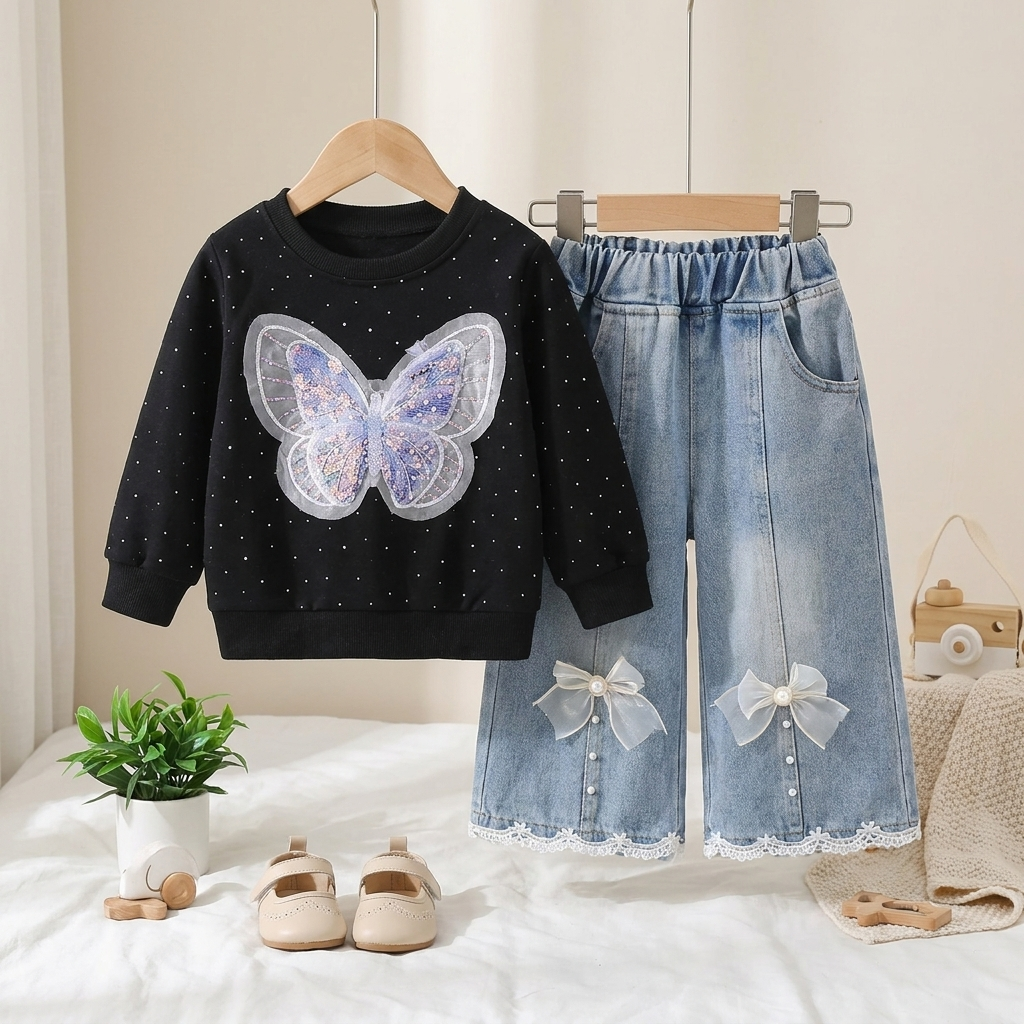 Girls Butterfly Sweatshirt & Denim Culottes Set – 2 Piece