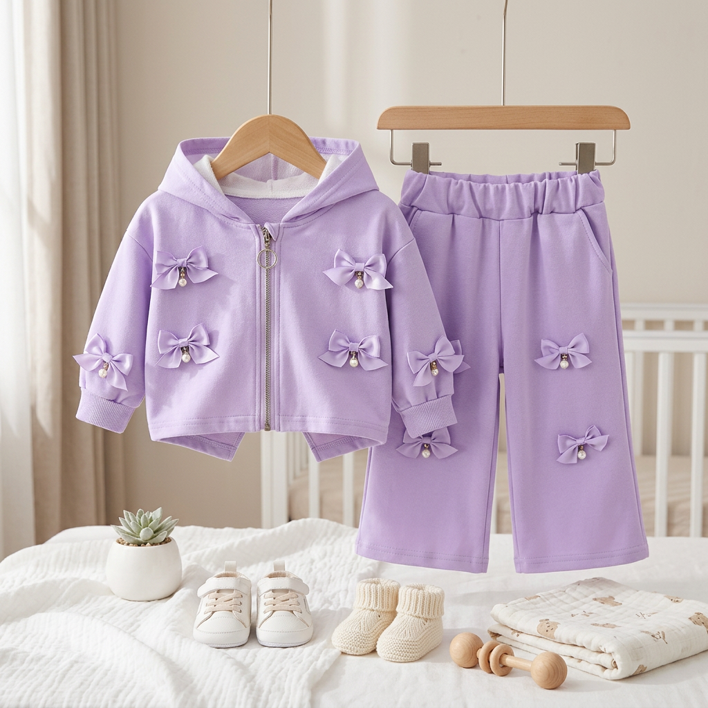 Girls Bow Hoodie & Wide Leg Pants Set – 2 Piece