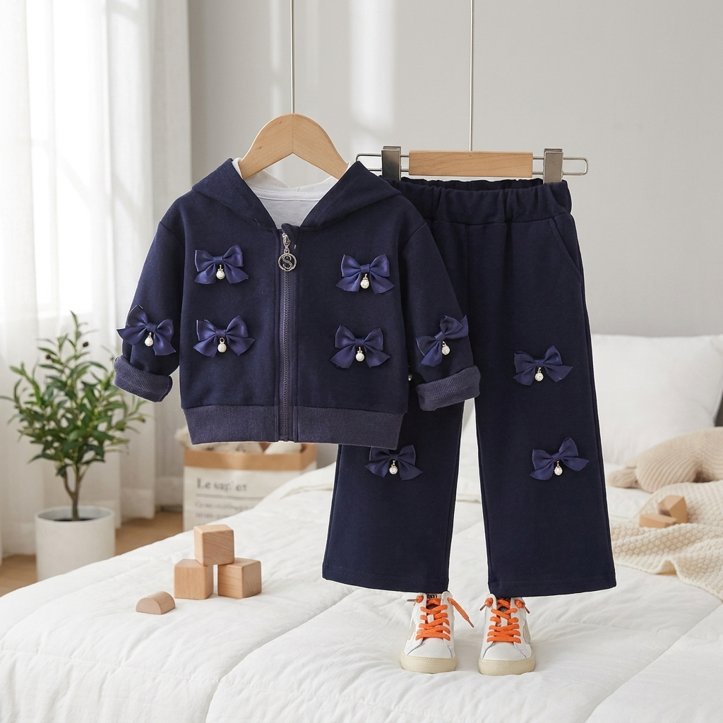 Girls Bow Hoodie & Wide Leg Pants Set – 2 Piece
