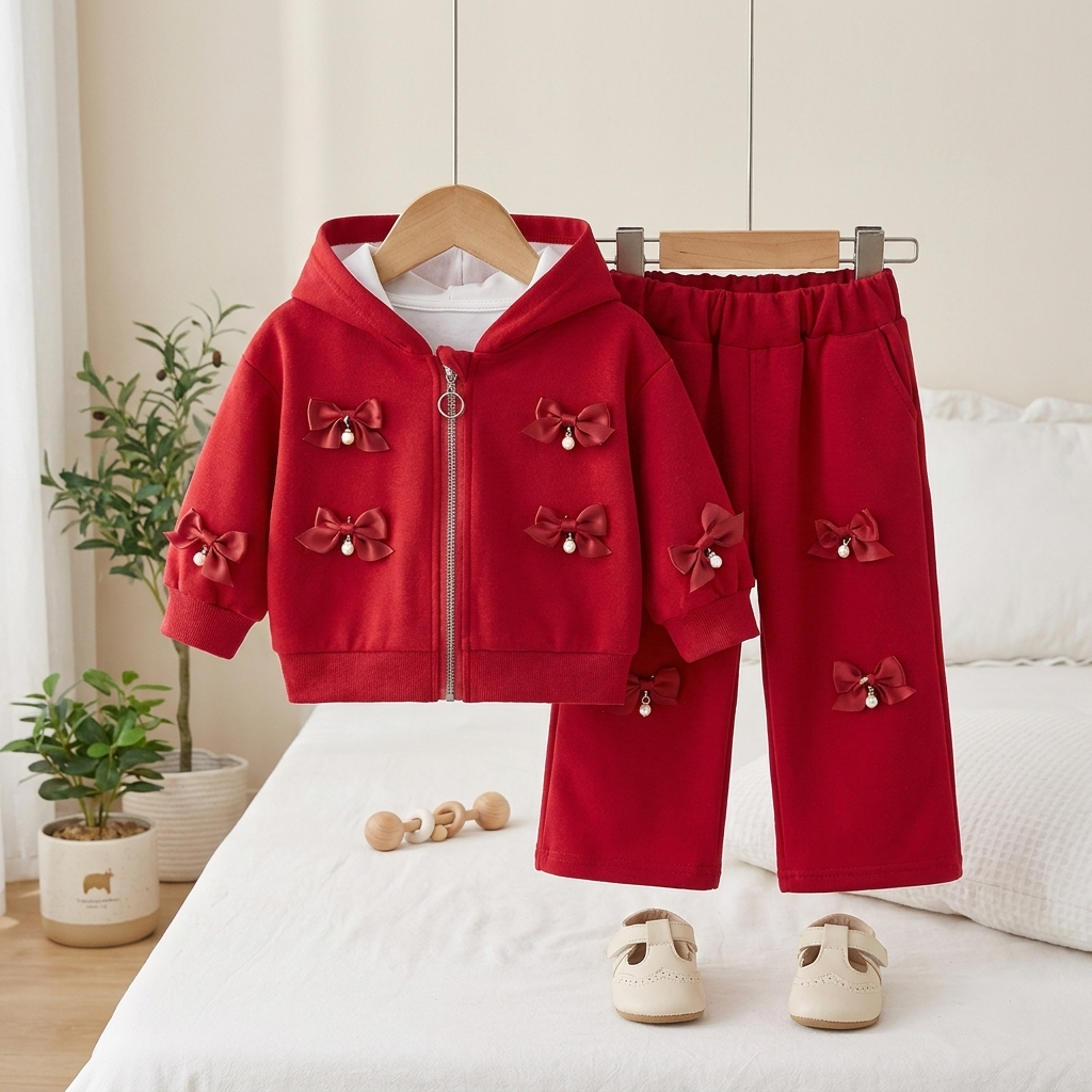 Girls Bow Hoodie & Wide Leg Pants Set – 2 Piece