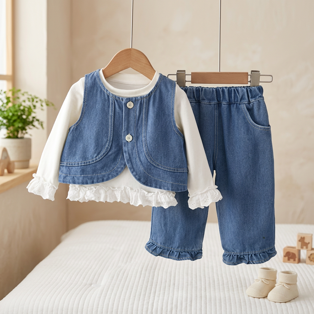 Girls Denim Vest, Ruffle Top & Pants Set – 3 Piece