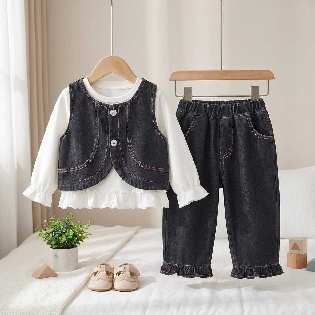 Girls Denim Vest, Ruffle Top & Pants Set – 3 Piece