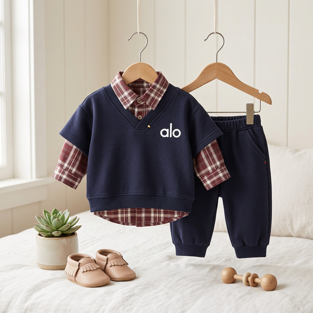 Boys Layered Plaid Sweatshirt & Jogger Set – 3 Piece