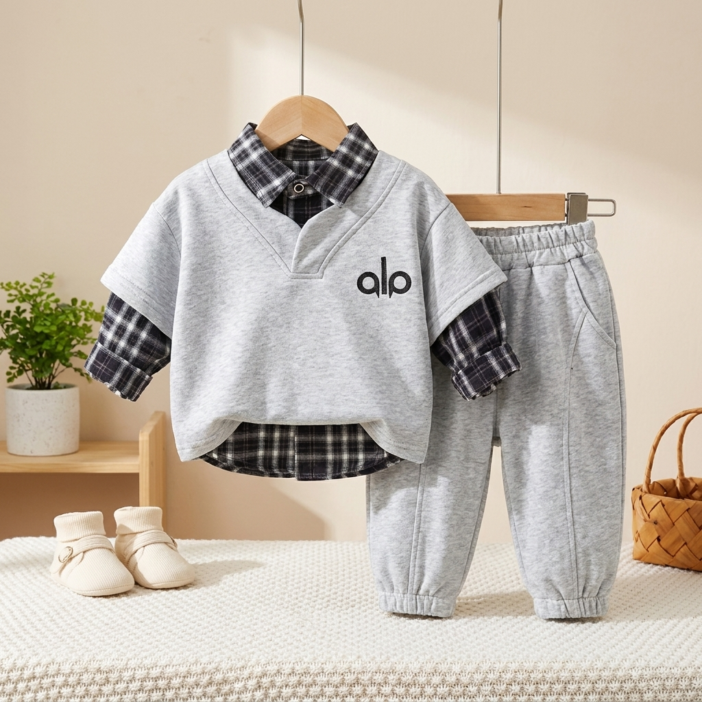 Boys Layered Plaid Sweatshirt & Jogger Set – 3 Piece