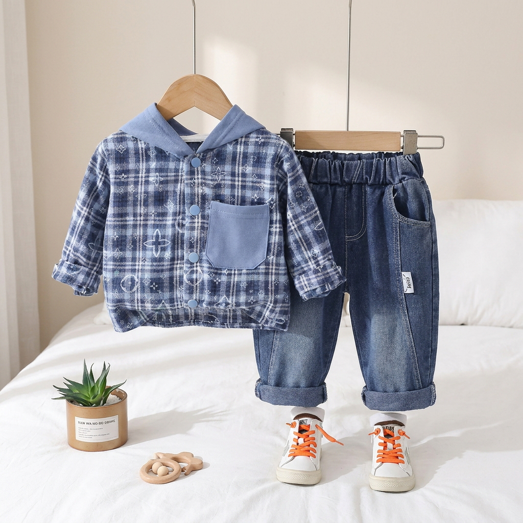 Boys Hooded Plaid Jacket & Denim Set – 2 Piece