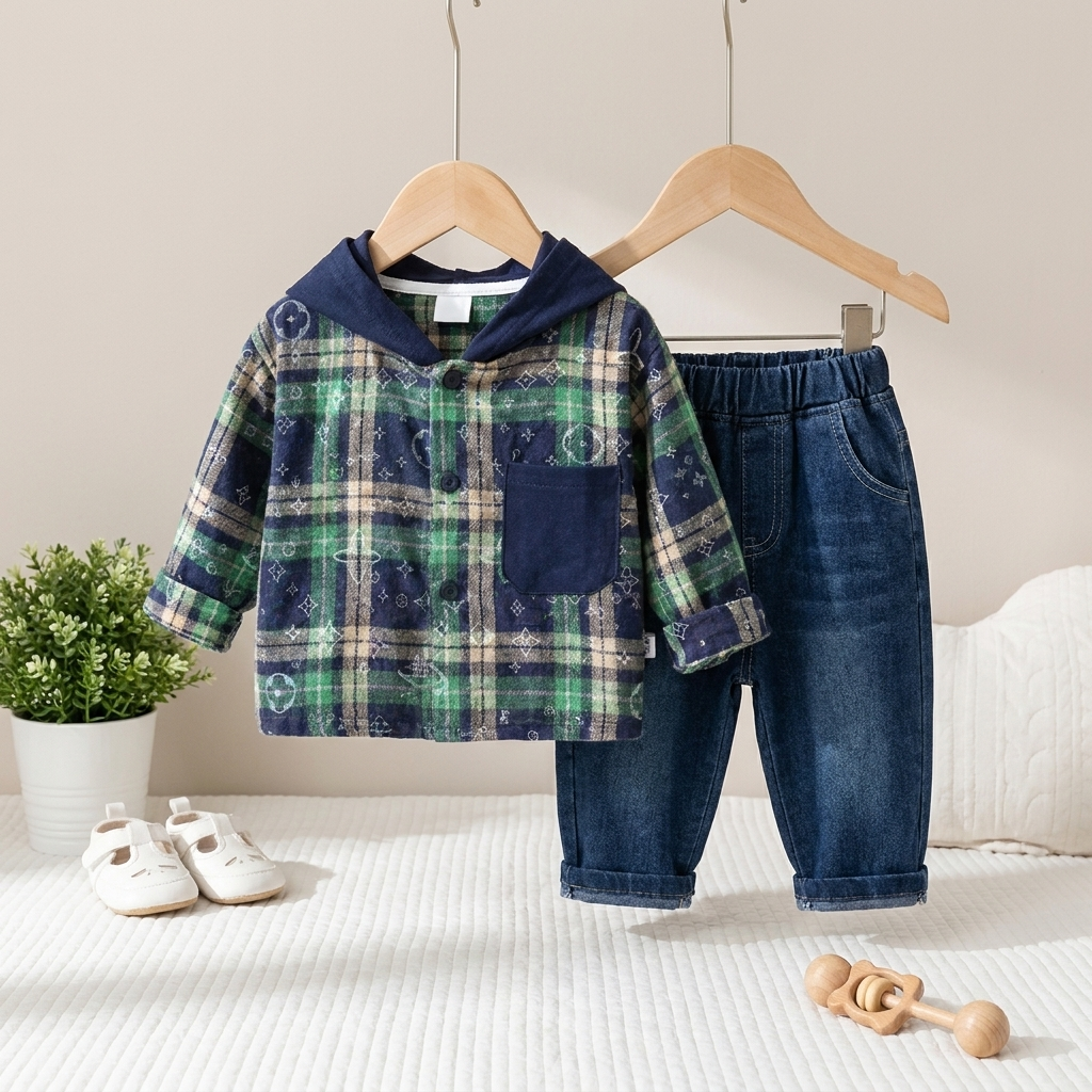 Boys Hooded Plaid Jacket & Denim Set – 2 Piece