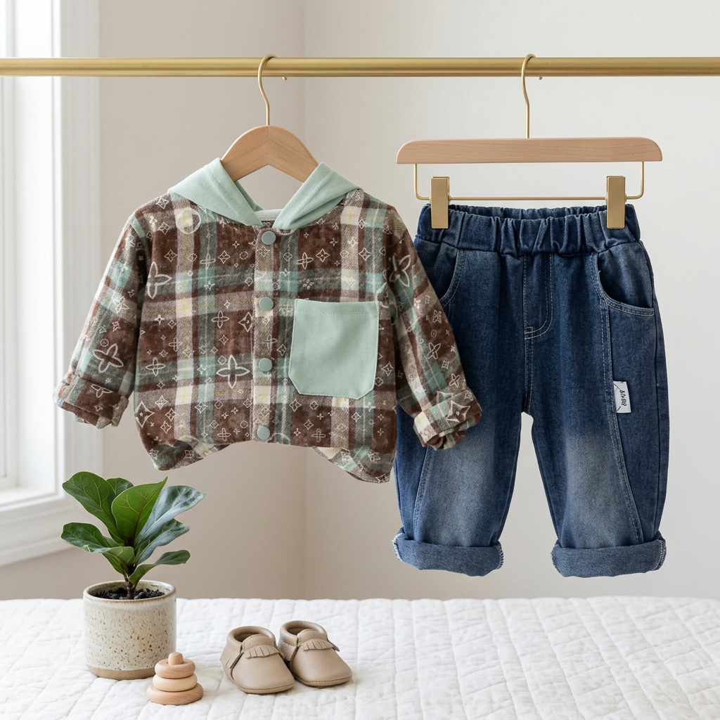 Boys Hooded Plaid Jacket & Denim Set – 2 Piece