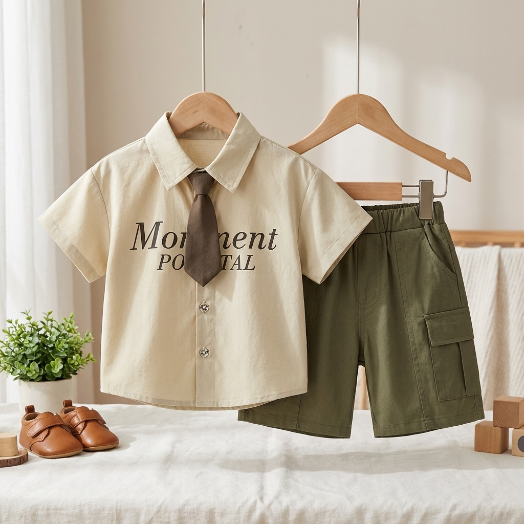 Boys Formal Shirt & Cargo Shorts Set with Tie