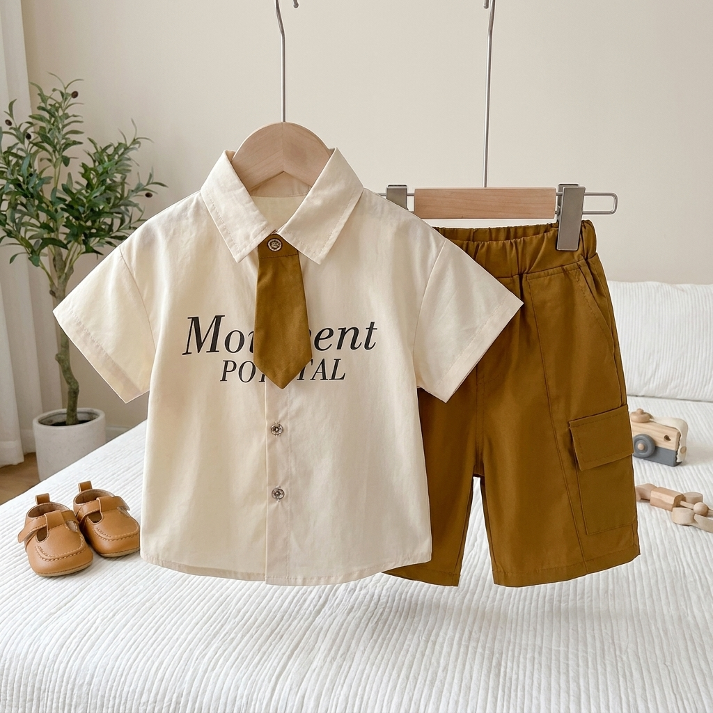 Boys Formal Shirt & Cargo Shorts Set with Tie