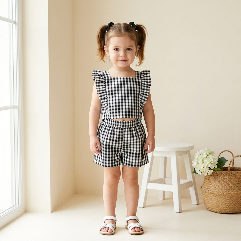 Girls Gingham Ruffle Top & Shorts Set