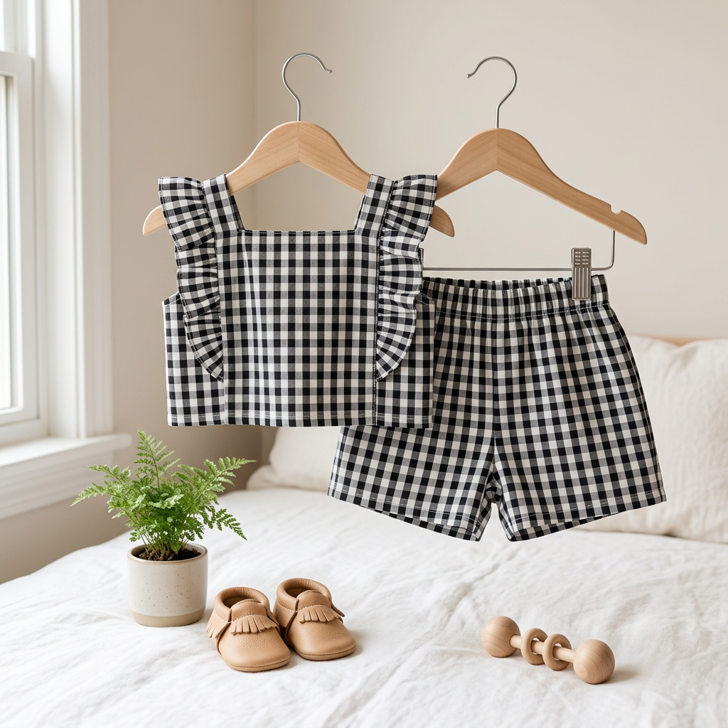 Girls Gingham Ruffle Top & Shorts Set