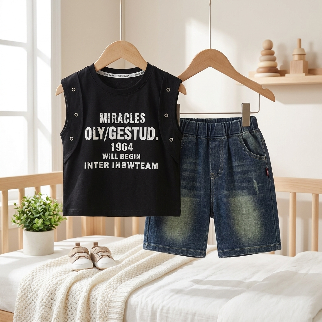 Boys Sleeveless Denim Shorts Set