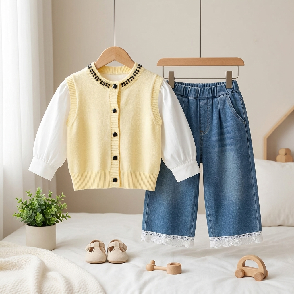 Girls Pearl Knit Cardigan & Denim Pants Set – 3 Piece