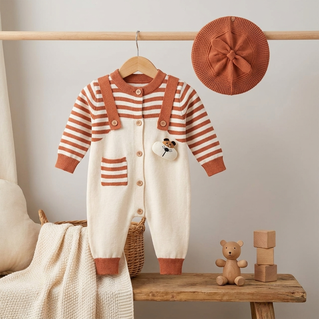Baby Knitted Striped Romper with Beret