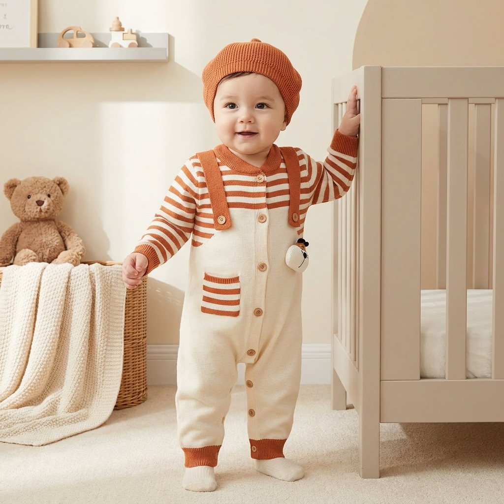 Baby Knitted Striped Romper with Beret
