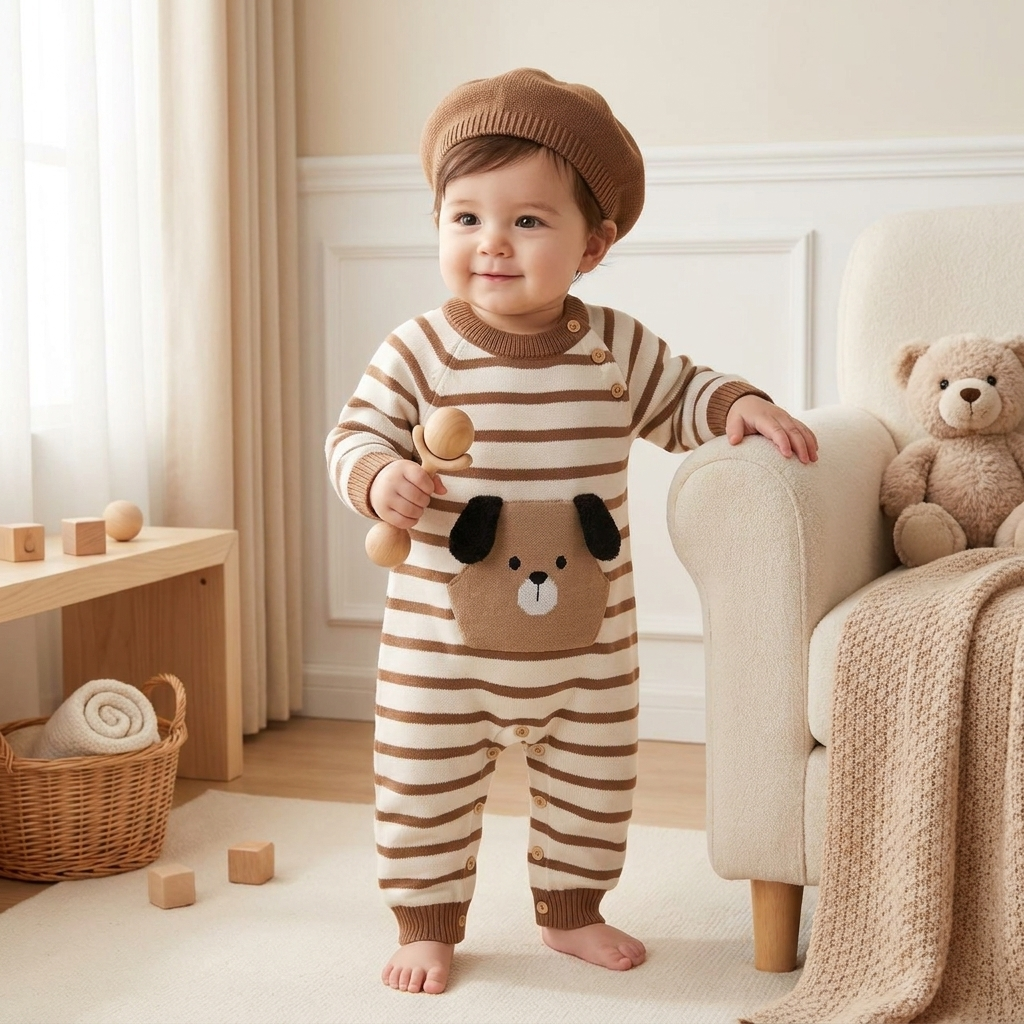 Baby Puppy Pocket Knitted Romper with Beret