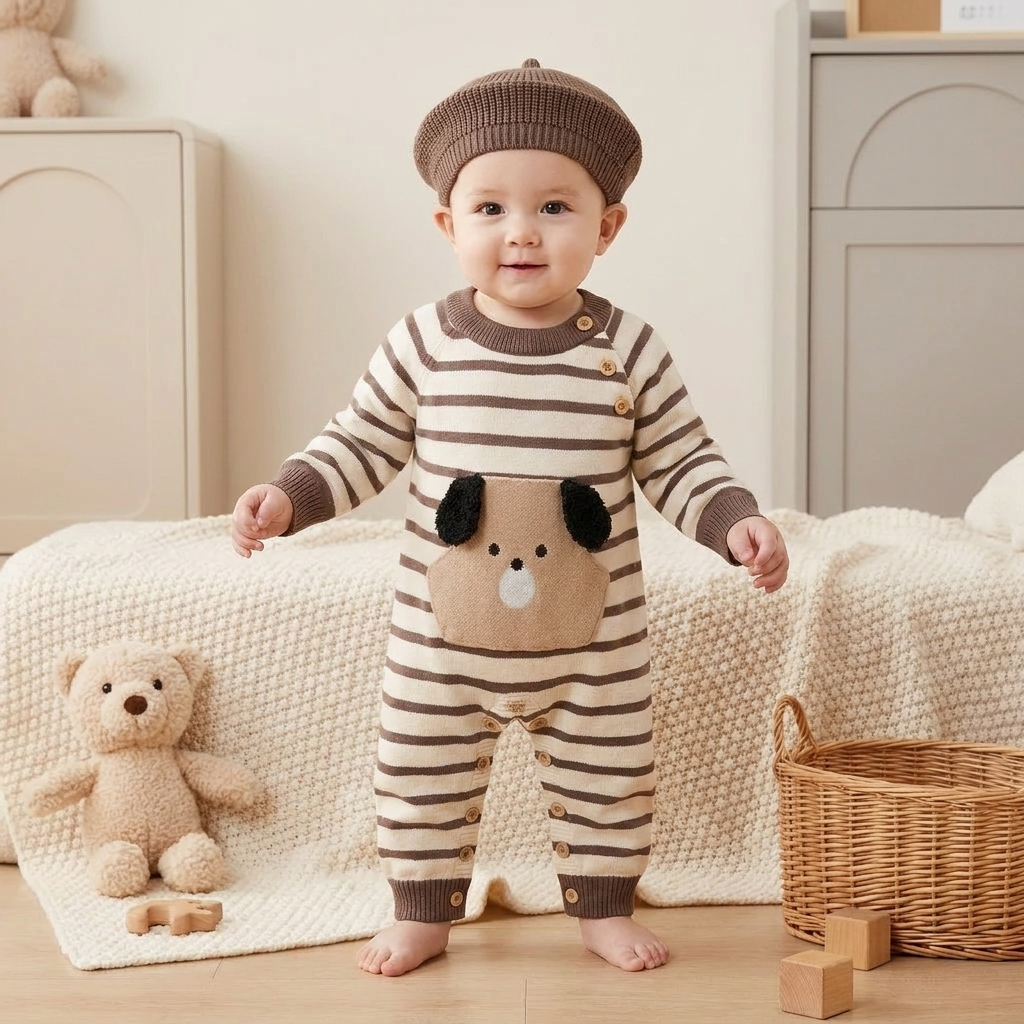 Baby Puppy Pocket Knitted Romper with Beret