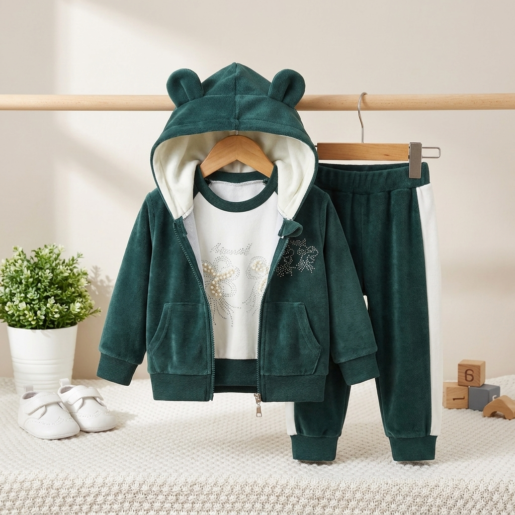 Girls Velvet Winter 3-Piece Hooded Tracksuit Set