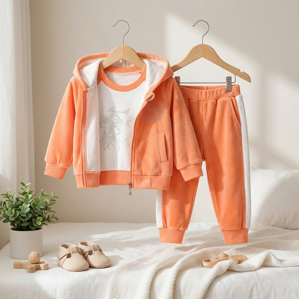 Girls Velvet Winter 3-Piece Hooded Tracksuit Set