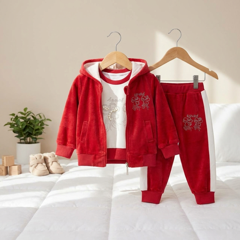 Girls Velvet Winter 3-Piece Hooded Tracksuit Set